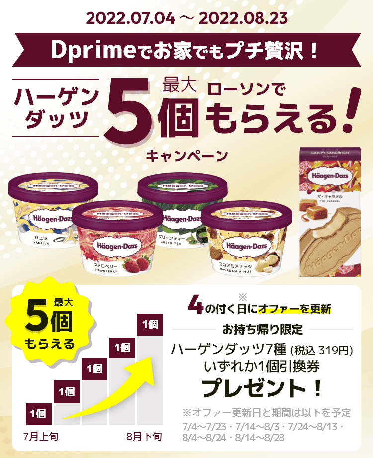 Dprimeでお家でもプチ贅沢! ハーゲンダッツ最大5個ローソンでもらえる!キャンペーン
