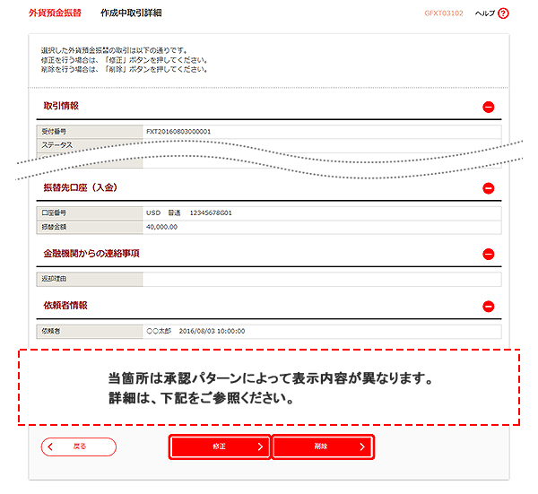 [GFXT03102]外貨預金振替 作成中取引詳細画面