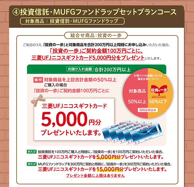新規資金コース 期間中ご来店のうえ、円定期預金に新規のご資金で1契約200万円以上をお預け入れいただいた会員の皆さまに、お預け入れ後の対象ステージに応じて、店頭表示金利に下記の金利を上乗せいたします。 対象となるご資金 新規のご資金2018年11月1日（木）以降に現金（小切手）・お振り込み等によりお預け入れされたご資金 ○当社から2018年11月1日（木）以降に出金されたご資金は対象外とさせていただきます。 対象となる商品 円定期預金（1年）スーパー定期、大口定期預金（元本保証・預金保険制度対象） ロイヤル会員さま 店頭表示金利に上乗せ+0.20％ ダイヤモンド・ゴールド会員さま 店頭表示金利に上乗せ+0.10％ さらに 2018年11月1日（木）以降に当社ではじめて投資信託振替決済口座をご開設いただき、投資信託※1・ＭＵＦＧファンドラップ※2・プライベートアカウント（資産運用口座）※3を10万円以上ご購入・ご契約またはとうしんつみたて（投資信託積立サービス）を月1万円以上お申し込みいただいた場合 店頭表示金利に+0.10％ 適用金利例：ロイヤル会員さまが新規のご資金200万円をお預け入れと同時に当社ではじめて投資信託を10万円お申し込みいただいた場合 店頭表示金利（2018年10月19日現在）0.10％+キャンペーン金利上乗せ0.20％+0.10％＝適用金利 年0.31％（税引後 年0.24％） ●上記金利（「適用金利」を除く）は、税引前・年利率で表示しております。復興特別所得税が付加されることにより、20.315％（国税15.315％、地方税5％）で課税されます。税引後の金利については、小数点第3位以下を切捨にしています。