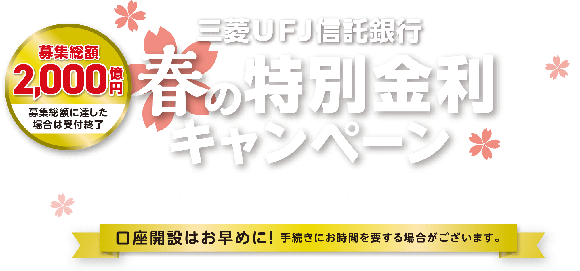 春の特別金利キャンペーン キャンペーン期間：2026年4月1日（水）から2026年5月29日（金）口座開設はお早めに！手続きにお時間を要する場合がございます。