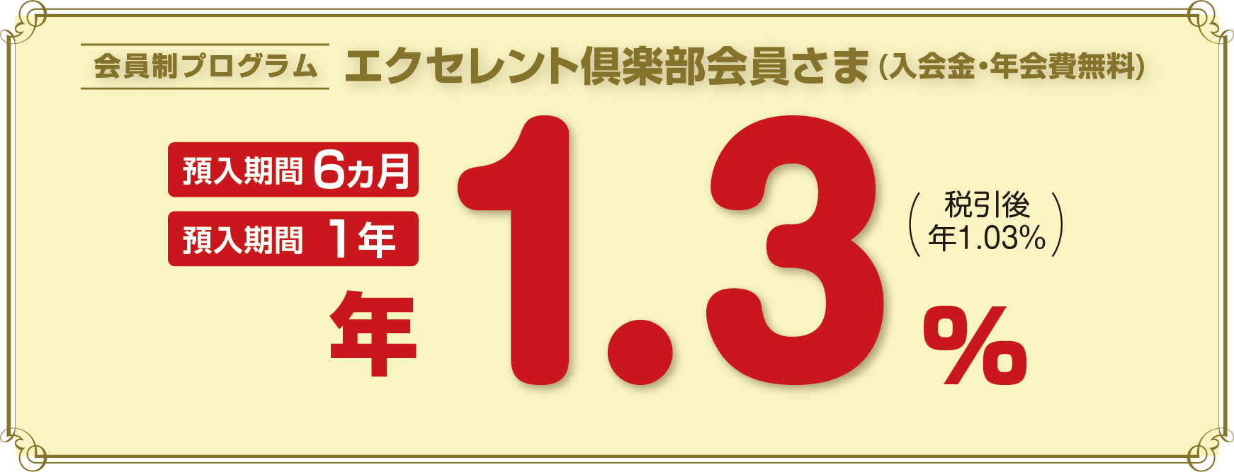 会員制プログラム エクセレント倶楽部会員さま（入会金・年会費無料） 預入期間6ヵ月/1年 年1.3％（税引き後 年1.03％）