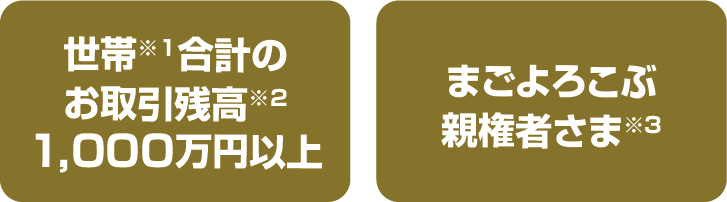 世帯（※1）合計のお取引残高（※2）1,000万円以上 もしくは 「まごよろこぶ」親権者さま※3