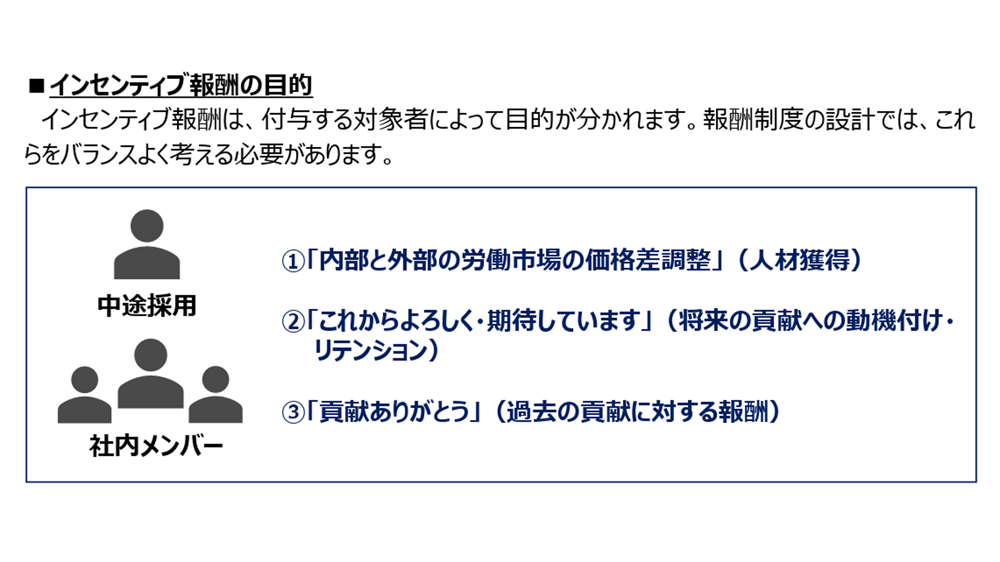 ■インセンティブ報酬の目的 インセンティブ報酬は、付与する対象者によって目的が分かれます。報酬制度の設計では、これらをバランスよく考える必要があります。 中途採用 社内メンバー (1)「内部と外部の労働市場の価格差調整」(人材獲得) (2)「これからよろしく・期待しています」(将来の貢献への動機付け・リテンション) (3)「貢献ありがとう」(過去の貢献に対する報酬)