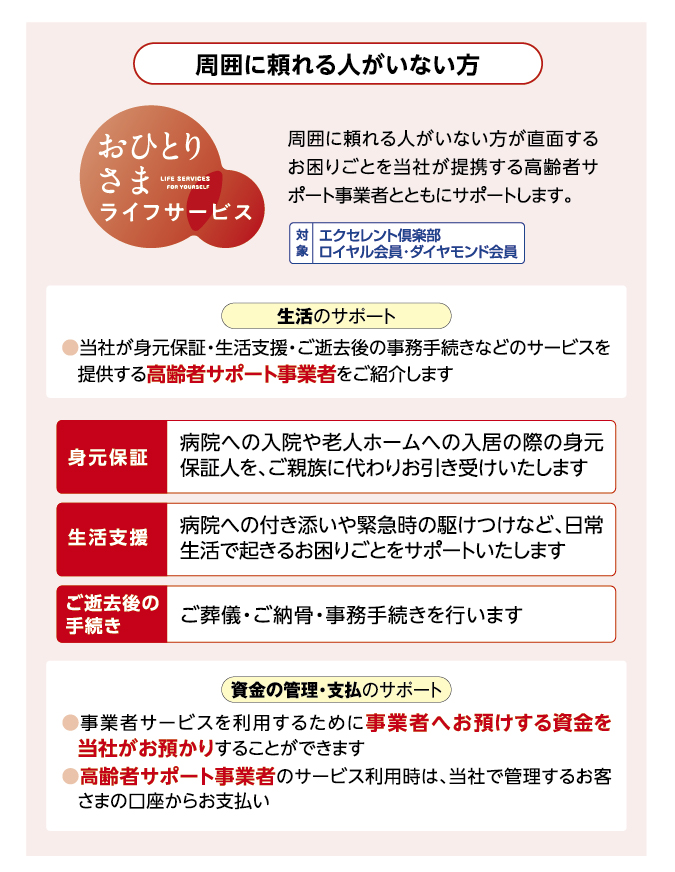 ͂ɗlȂ ЂƂ肳܃CtT[rX LIFE SERVICES FOR YOURSELF ͂ɗlȂʂ邨育Ƃ𓖎Ђg鍂҃T|[gƎ҂ƂƂɃT|[g܂B Ώ GNZgy CE_Ch ̃T|[g Ђgۏ؁ExE̎葱Ȃǂ̃T[rX񋟂鍂҃T|[gƎ҂Љ܂ gۏ a@ւ̓@Vlz[ւ̓̍ۂ̐gۏؐlAeɑ肨󂯂܂ x a@ւ̕tYً}̋삯ȂǁA퐶ŋN邨育ƂT|[g܂ ̎葱 VE[E葱s܂ Y̊ǗEx̃T|[g Ǝ҃T[rX𗘗p邽߂ɎƎ҂ւa鎑𓖎Ђa肷邱Ƃł܂ ҃T|[gƎ҂̃T[rXṕAЂŊǗ邨q܂̌炨x