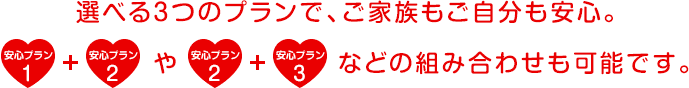 選べる3つのプランで、ご家族もご自分も安心。 安心プラン1+安心プラン2や安心プラン2+安心プラン3などの組み合わせも可能です。