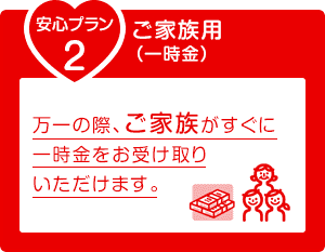 安心プラン2 ご家族用(一時金) 万一の際、ご家族がすぐに一時金をお受け取りいただけます。