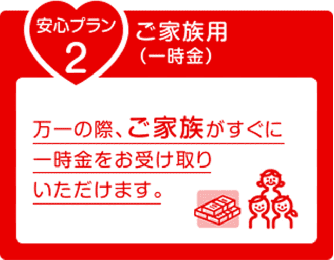 安心プラン2 ご家族用(一時金) 万一の際、ご家族がすぐに一時金をお受け取りいただけます。