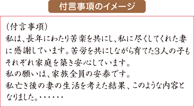 付言事項のイメージ(付言事項)私は、長年にわたり苦楽を共にし、私に尽くしてくれた妻に感謝しています。苦労を共にしながら育てた3人の子もそれぞれ家庭を築き安心しています。私の願いは、家族全員の安泰です。私亡き後の妻の生活を考えた結果、このような内容となりました。