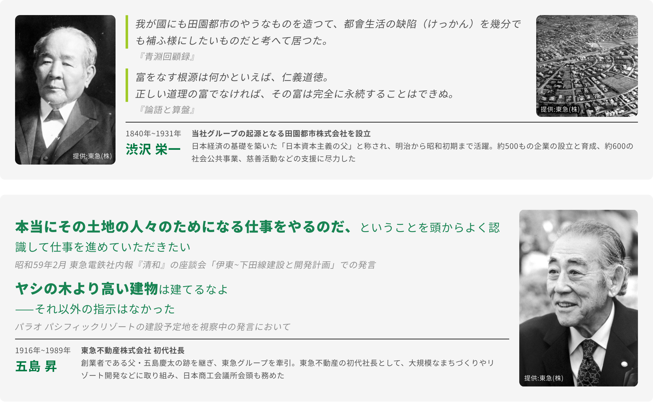 ���ЃO���[�v�̌��_�B�a��h�ꎁ�ɂ��u�c���s�s�̍\�z�Ɠ����o�ύ���v�̎v�z�ƁA�ܓ������ɂ��u�y�n�̐l�X�̂��߂̎d���Ǝ��R�Ƃ̒��a�v�̎w�j�̏Љ�